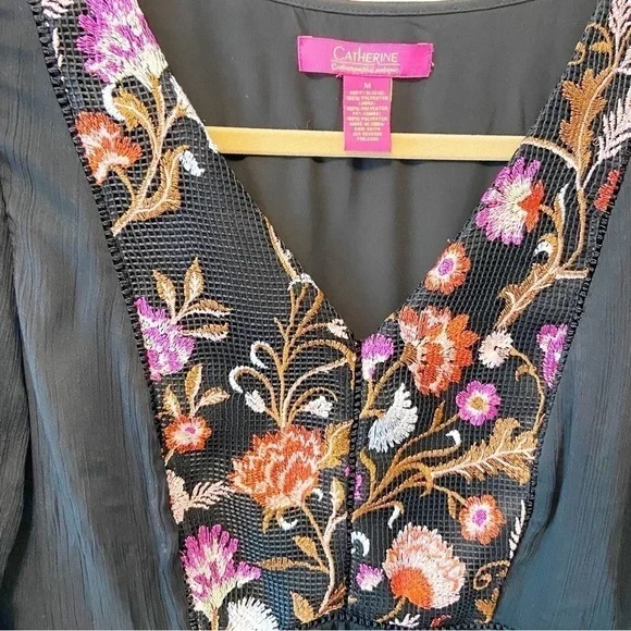 Catherine MaLandrino | Black Sheer Embroidered Bell Sleeve Blouse Size Medium - Picture 5 of 11